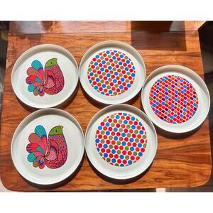 Set of 5 Vintage 1969 DEKA Plastics Tot' Em Tray No.140 Bird Polka Dots 12.5"